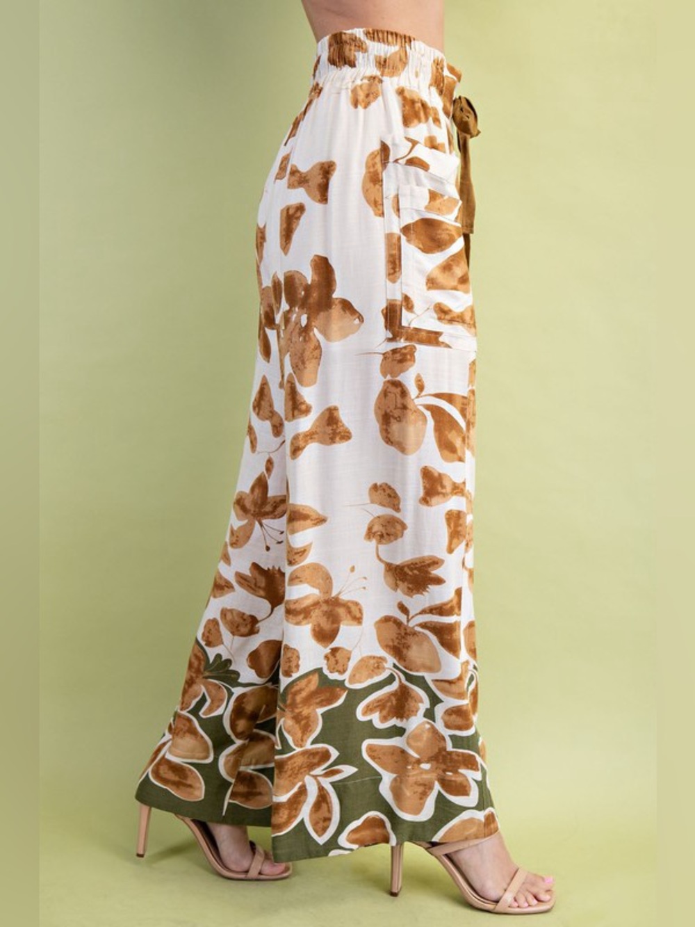 Wide Leg Floral Print Pants in Brown, Cream & Green - Picture 4 of 5